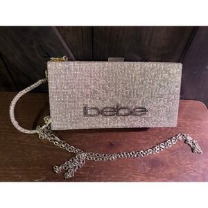 NWT Bebe Rhinestone Clutch Evening Handbag Silver Sparkly Glam Jenner